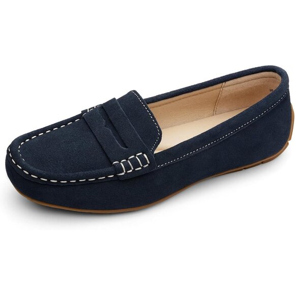 Kordal Women's Navy Suede Gold Accent Buckle Slip-Ons Walking Flats Loafers - Picture 2 of 9